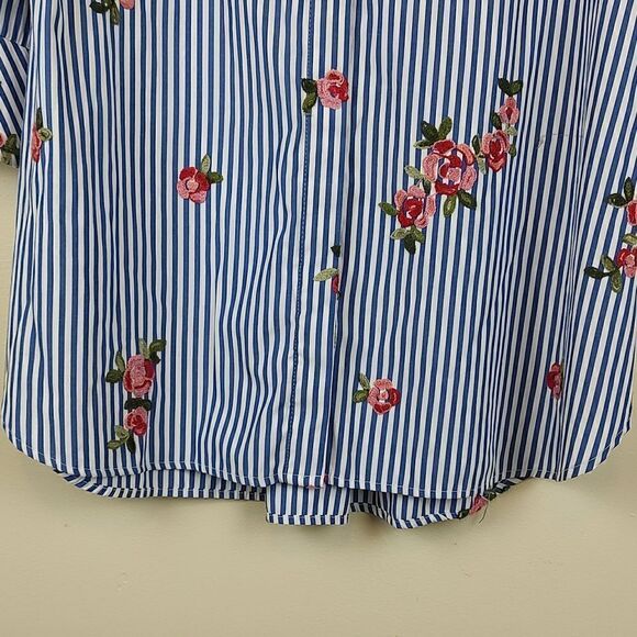 Boho Chic Striped Button Front 3/4 Sleeve Blouse Top with Floral Embroidery - Picture 5 of 10